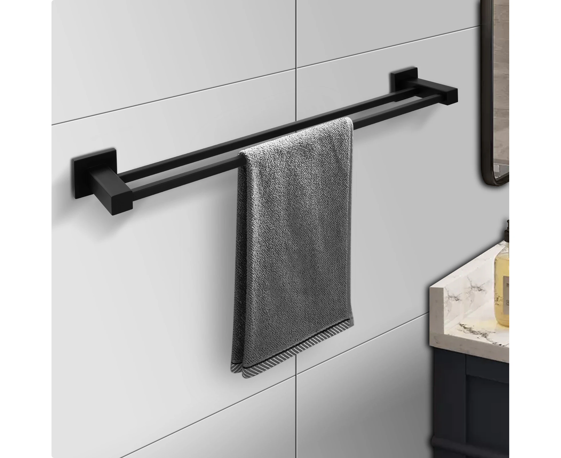 800mm Double Towel Rail Stainless Steel Towel Bar Holder Rack towel hook Black