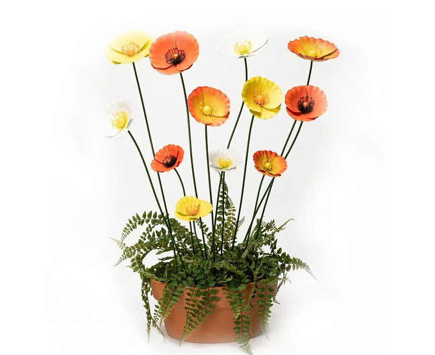 3pc Stake 49/75/90cm Metal Poppy Sunset Flower Outdoor Garden Ornament Decor