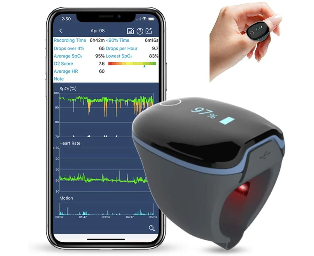 Wellue O2Ring Oxygen Monitor Sleep Pulse Oximeter Bluetooth Recording SpO2 Heart Rate Apnoea Sleep Tracker Free APP & PC Overnight Report Ozismart O2 Ring