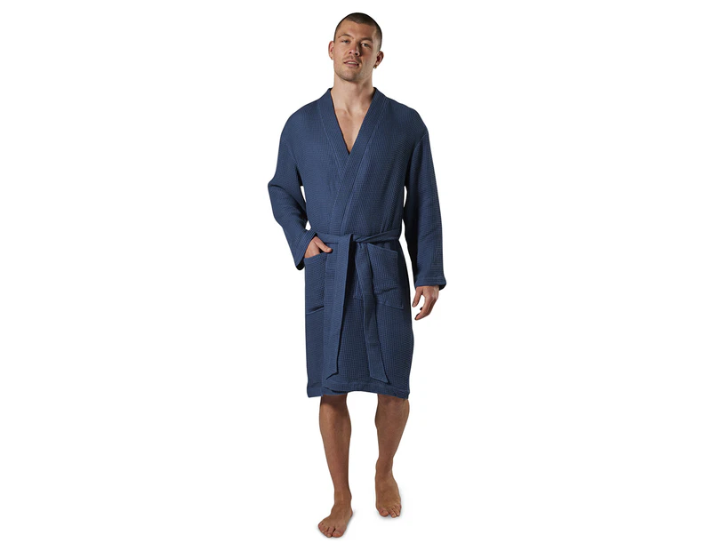 Mitch Dowd Men's Waffle Texture Bamboo Woven Robe - Denim