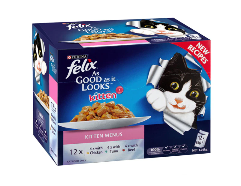 Felix Kitten Menus Cat Food Chicken Tuna Beef 85g x 12