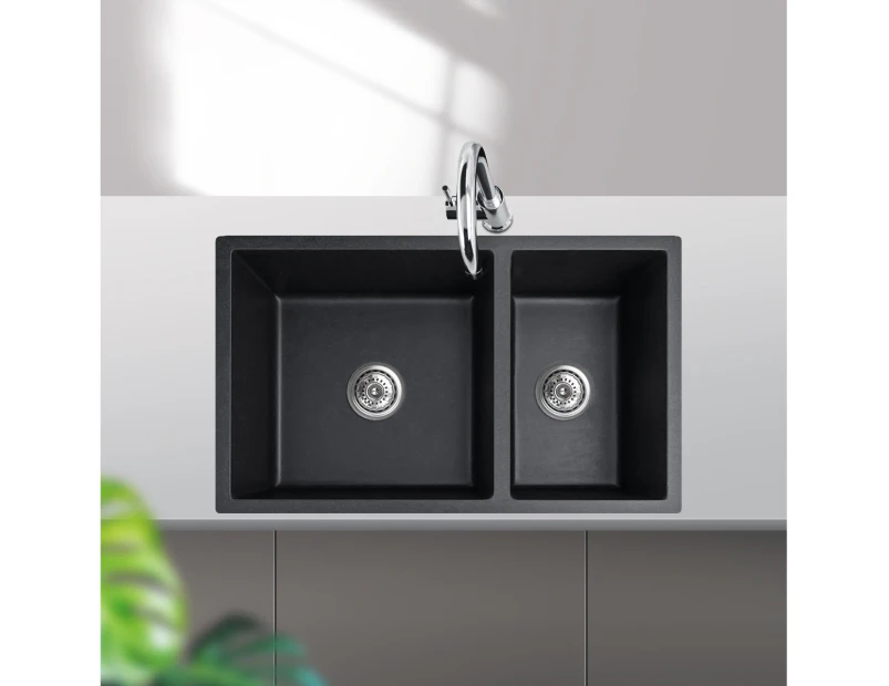 710x450x205mm Granite Quartz Stone Kitchen Laundry Sink with Stainer Waste Black Double Bowl Top/Under Mount