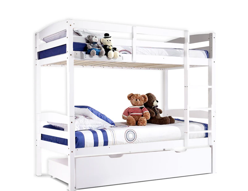 Bunk Bed Single Frame Solid Pine Children Wooden Kids Bedroom Furniture WH - White