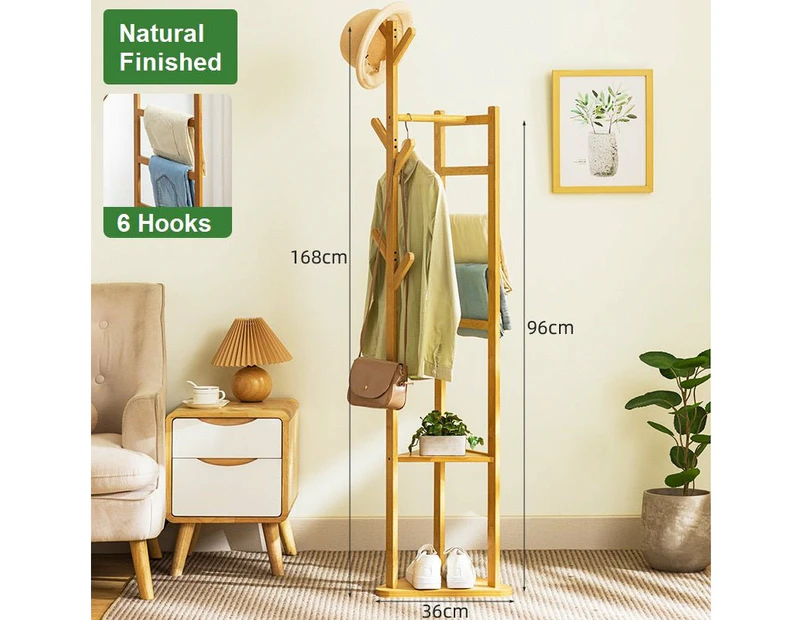 Bamboo Clothes Coat Rack Garment Stand Shelf Tree Hanger Bag Hat Hook Holder - Natural