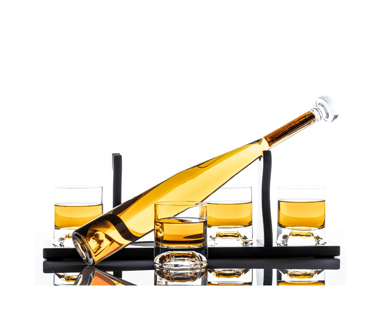 Don Vassie Baseball Bat Decanter with 4 Baseball Whisky Glasses and Mahogany Wooden Base