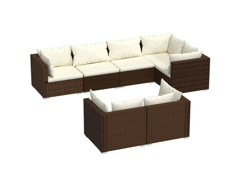 7 Piece Garden Lounge Set with Cushions Brown Poly Rattan