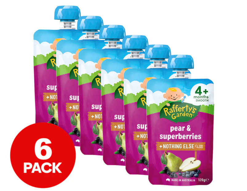 6 x Rafferty's Garden Smooth Baby Food Pouch Pear & Superberries 120g