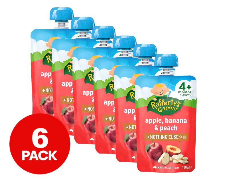 6 x Rafferty's Garden Smooth Baby Food Pouch Apple, Banana & Peach 120g