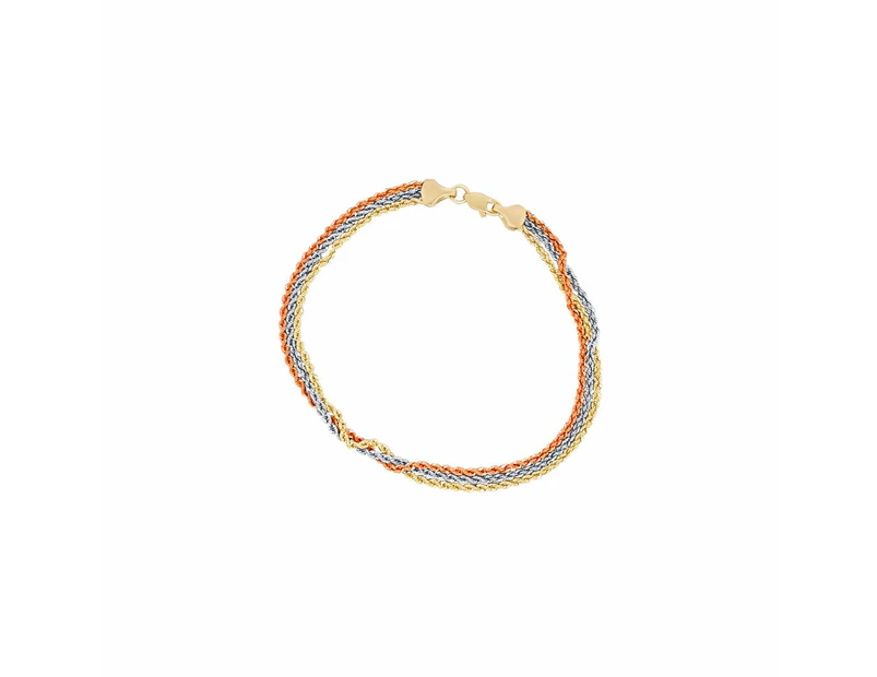 Bevilles 19cm Three Tone Fancy Rope Bracelet in 10ct Yellow Gold