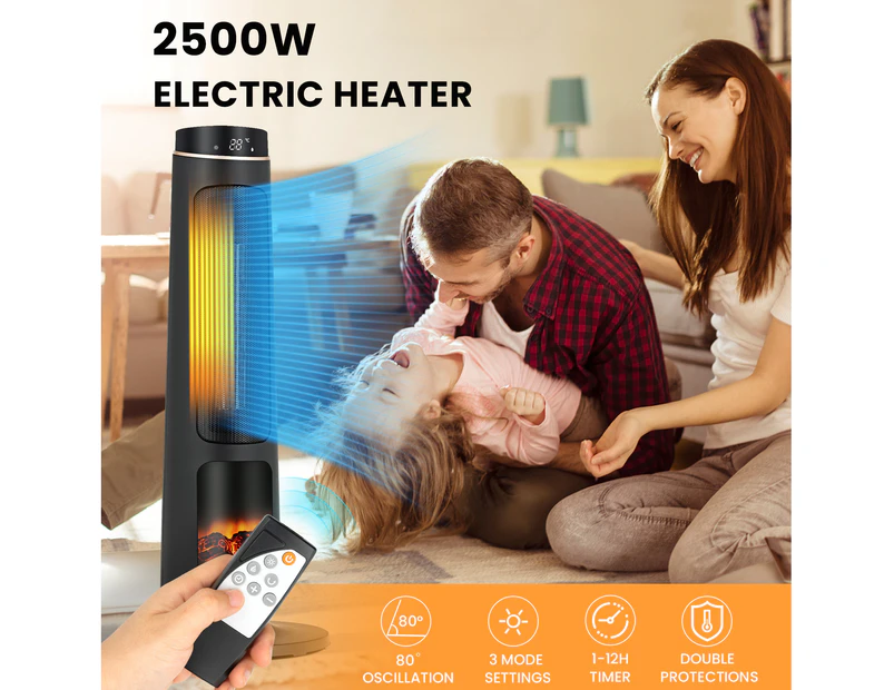 Costway 2500W Ceramic Tower Heater Fireplace Electric Fan Heater Oscillating/3D Flame/Remote/Timer Indoor