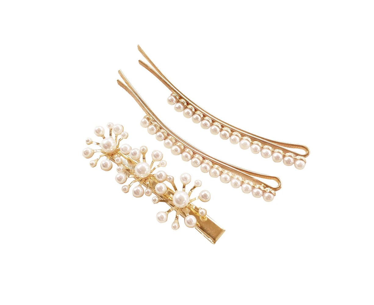 3pc Culturesse Luna 6cm Vintage Pearly Barrette Clip Set Hair Accessory Gold