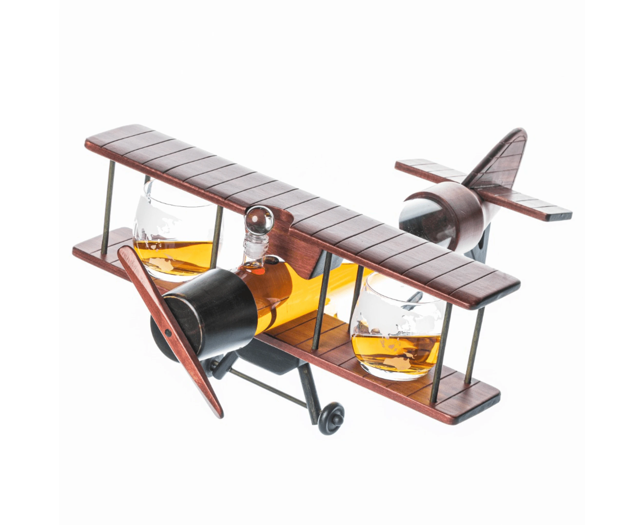 Limited Edition Large 21' Antique Airplane Shaped Decanter Set with 2 World Map Etched Whisky Glasses