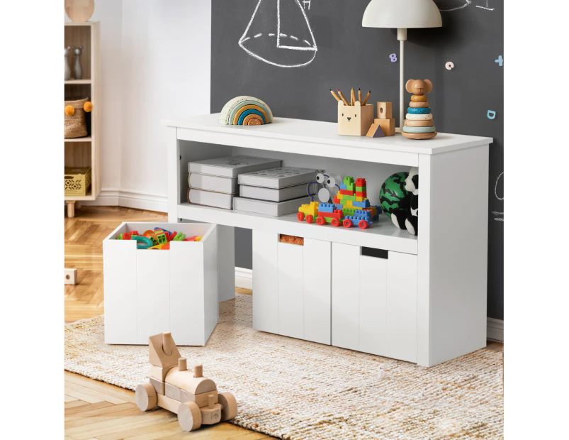 Oikiture Wooden Kids Toy Storage Cabinet Bookshelf With Portable Storage Box - White