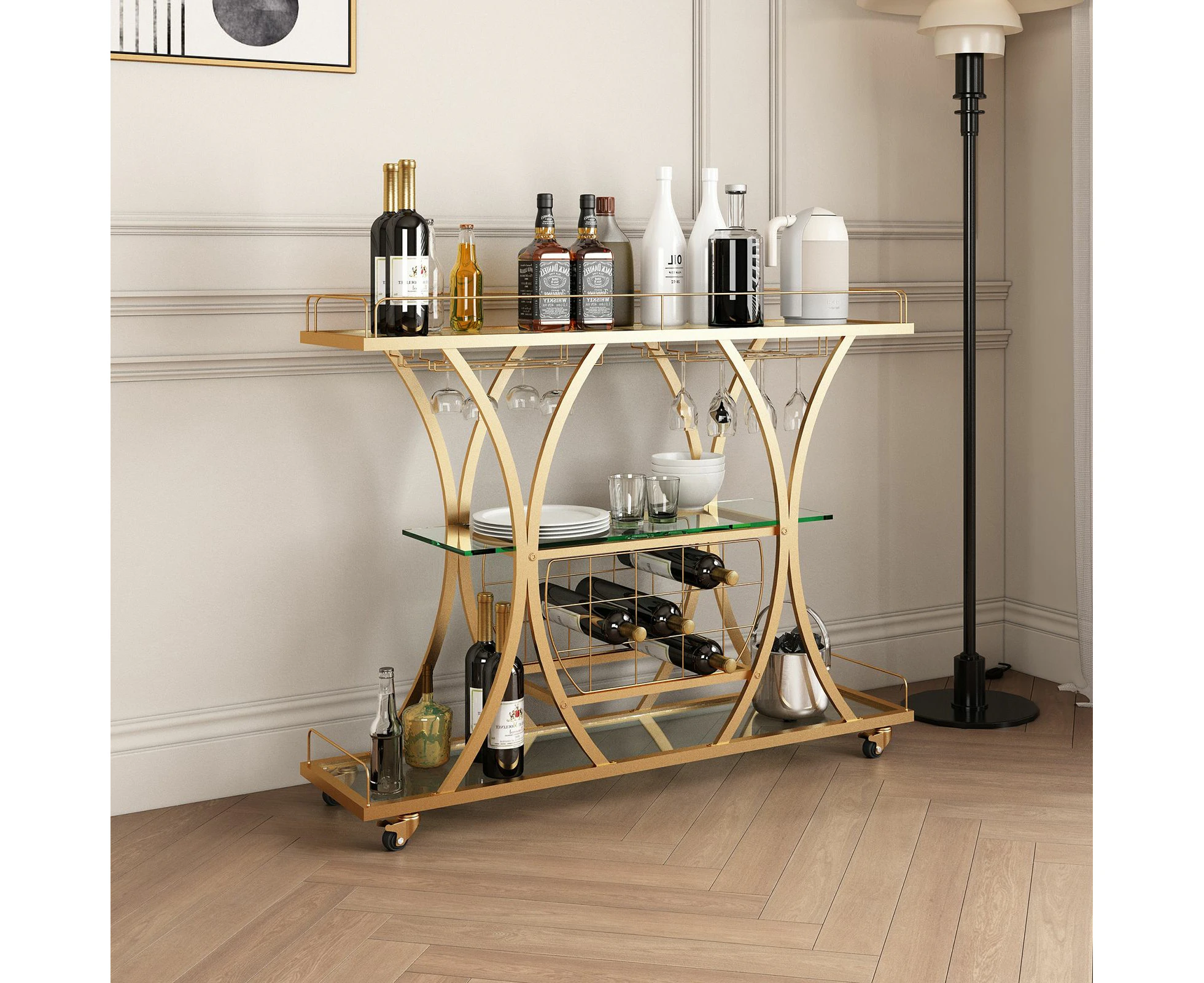 Bar Cart Wine Rack Drinks Bar Trolley Glass Holder Gold Cart Serving Glass Shelves Metal Frame Mobile Home