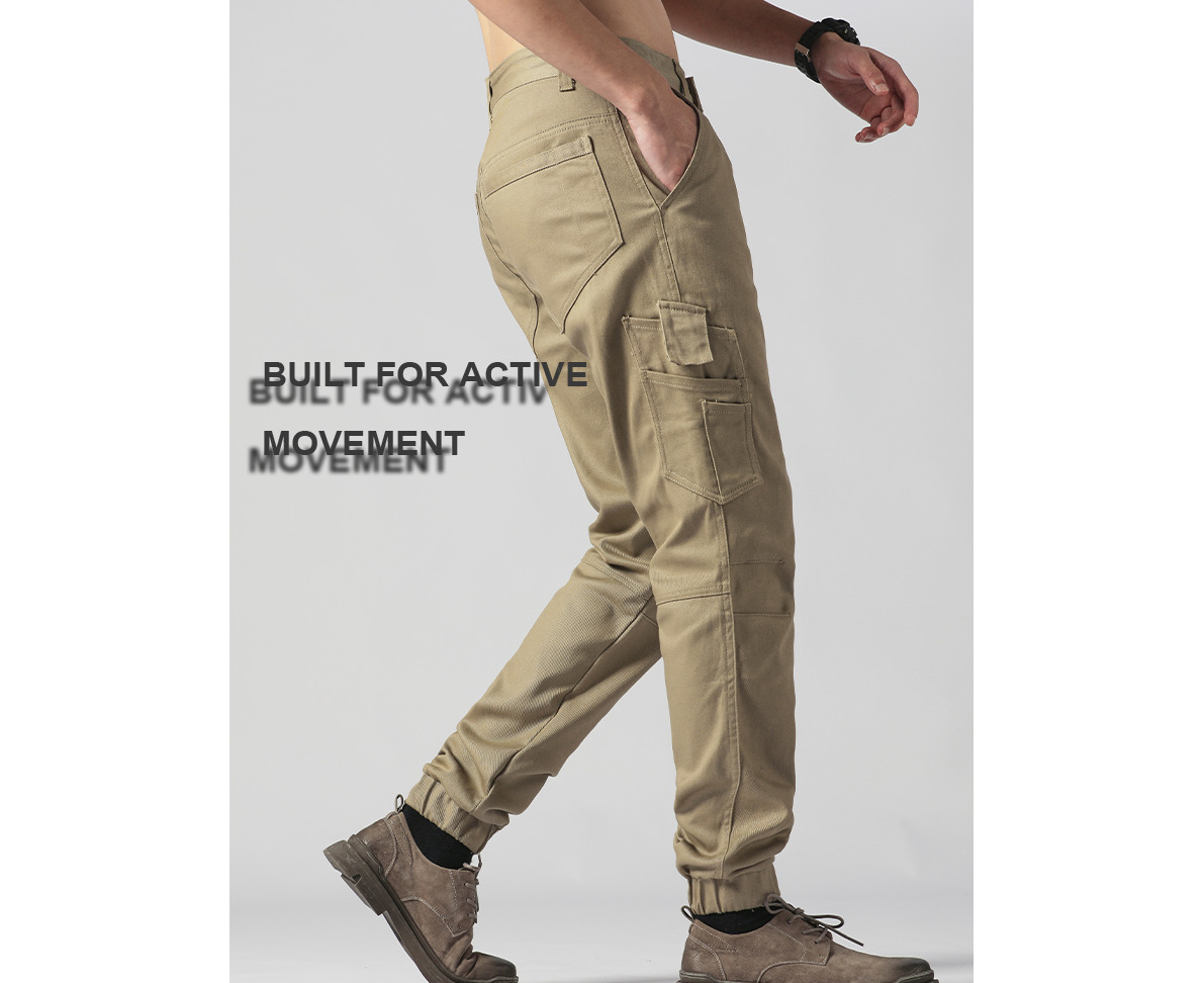 BigBEE Unisex Work Cargo Pants Stretch Cotton Straight Fit Elastic Ankle  Cuff - KHAKI