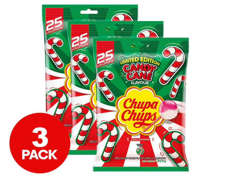 3 x Chupa Chups Lollipops Candy Cane 300g