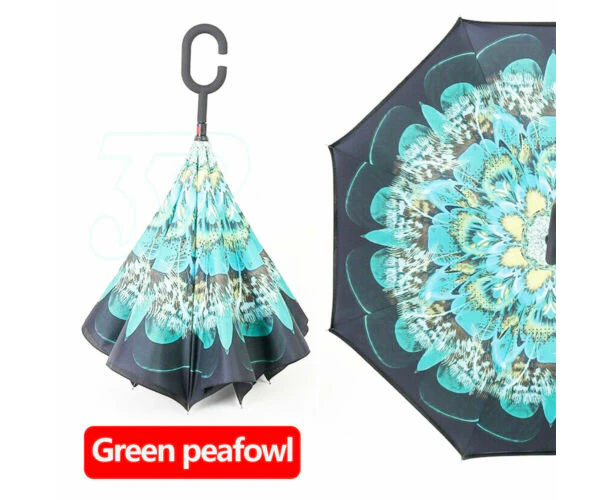 Windproof Upside Down Reverse Umbrella Double Layer Inside-Out Inverted C-Handle - Green Peacock