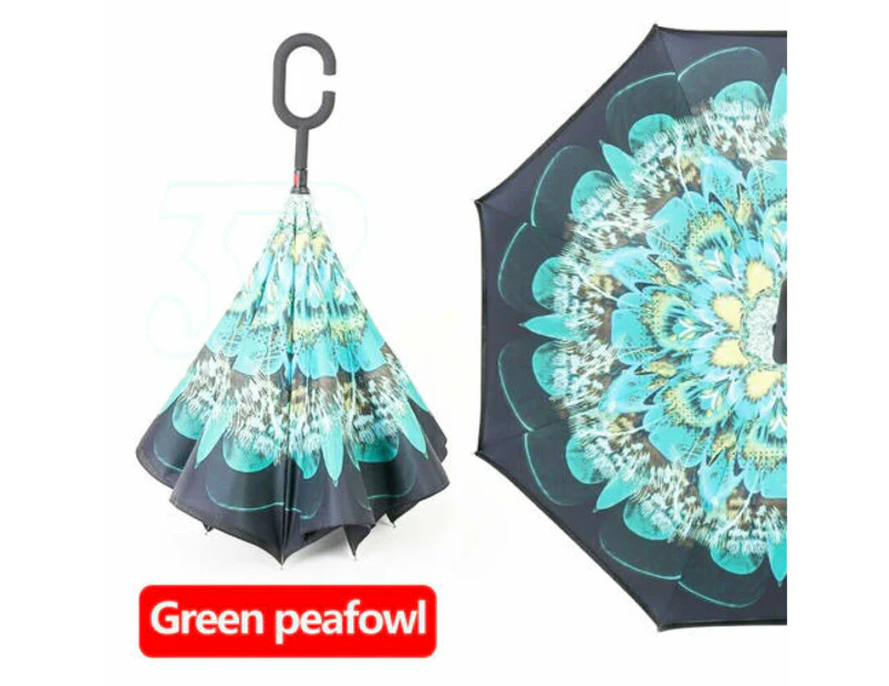 Windproof Upside Down Reverse Umbrella Double Layer Inside-Out Inverted C-Handle - Green Peacock