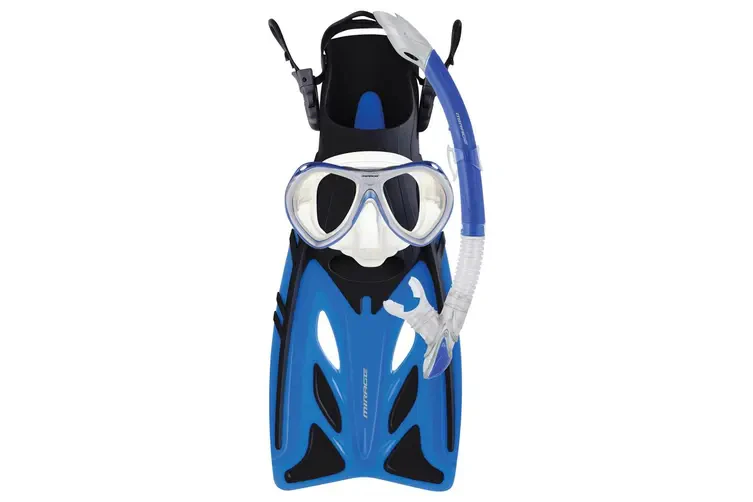 Mirage Junior Swimming Silicone Goggle Mask/Snorkel & Fin Set Large/XL Blue