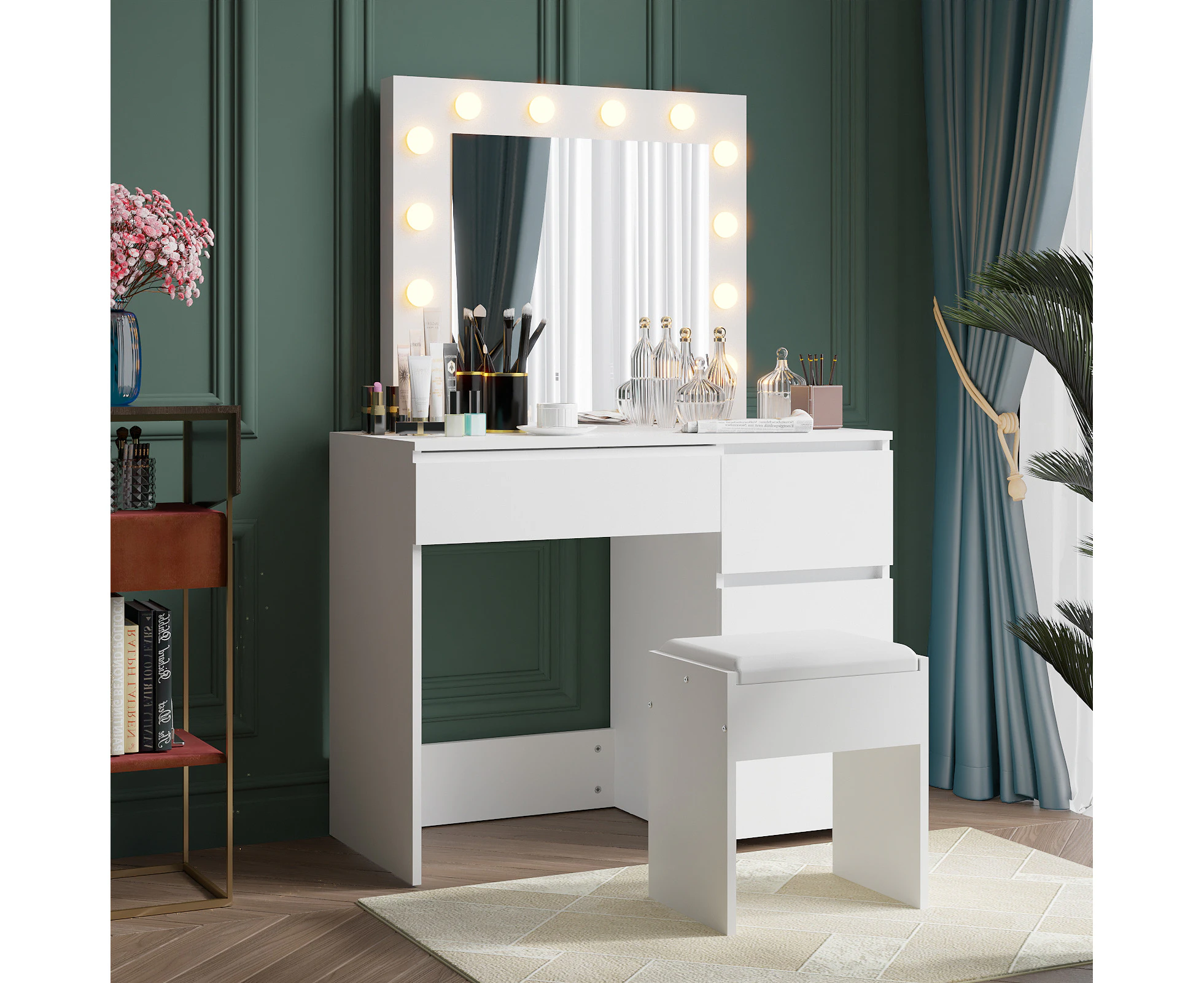 Ufurniture Dressing Table Set 12 LED Adjustable Bulbs Makeup Mirror Vanity Desk 3 Drawers Stool White