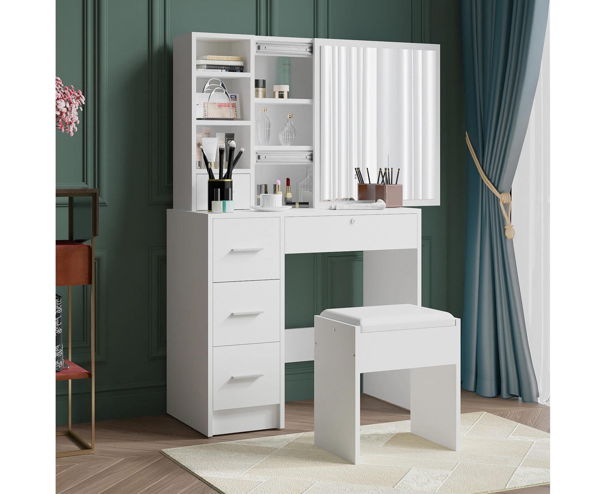 Ufurniture Dressing Table Set Vanity Desk Makeup Dresser with Slide Mirror and Stool White