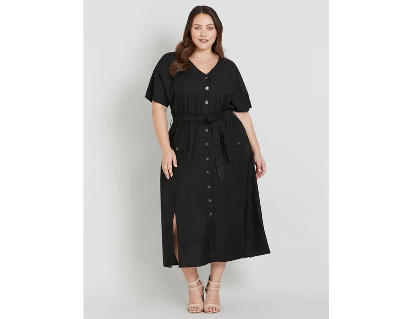 BeMe - Plus Size - Womens Dress -  Button Through Midi Dress - Black