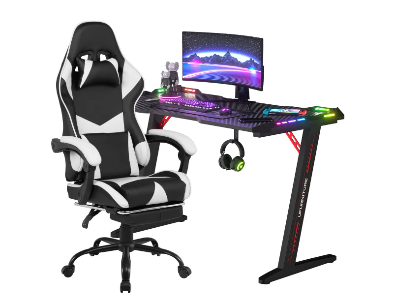 Gaming Desk RGB LED Light & Gaming Chair with Footrest and Headrest Tilt 135° Black/White
