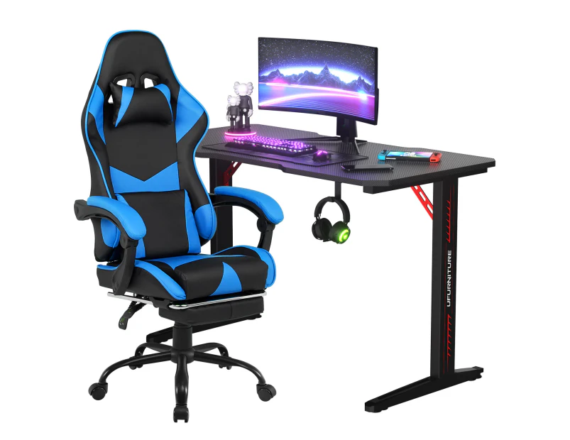 Gaming Desk 120cm & Gaming Chair with Footrest and Headrest Tilt 135° Blue