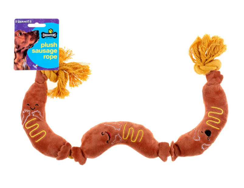 Chompers Plush Sausage Rope Squeaky Dog Toy - Brown