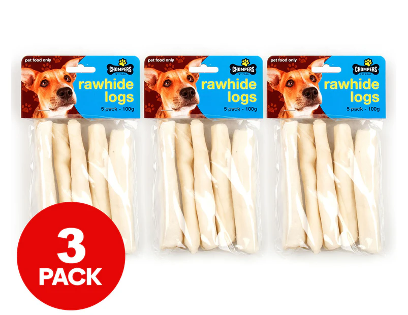 3 x 5pk Chompers Rawhide Logs Beef 100g