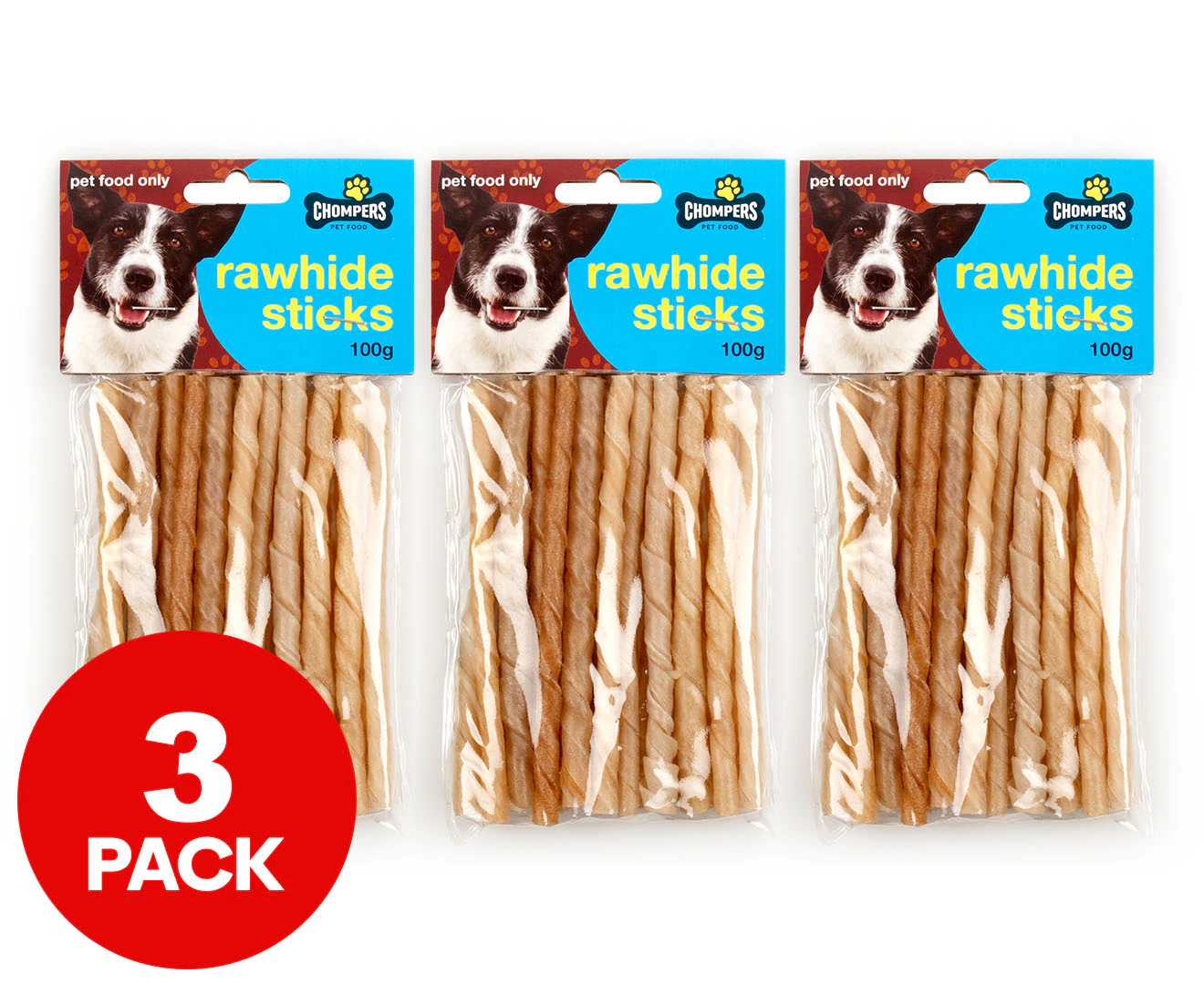 3 x Chompers Rawhide Sticks Pack Beef 100g