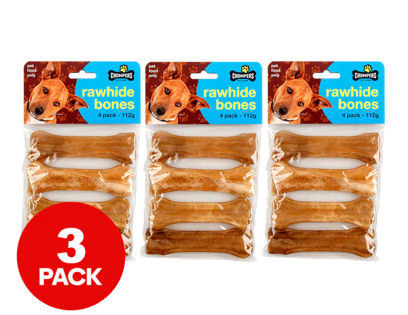 3 x 4pk Chompers Rawhide Bones Beef 112g