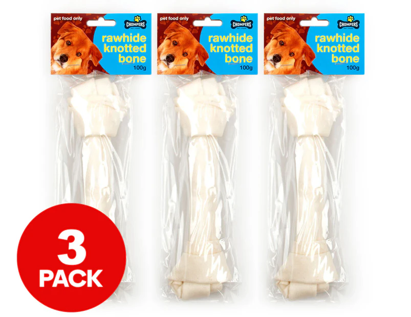 3 x Chompers Rawhide Knotted Bone Beef 100g