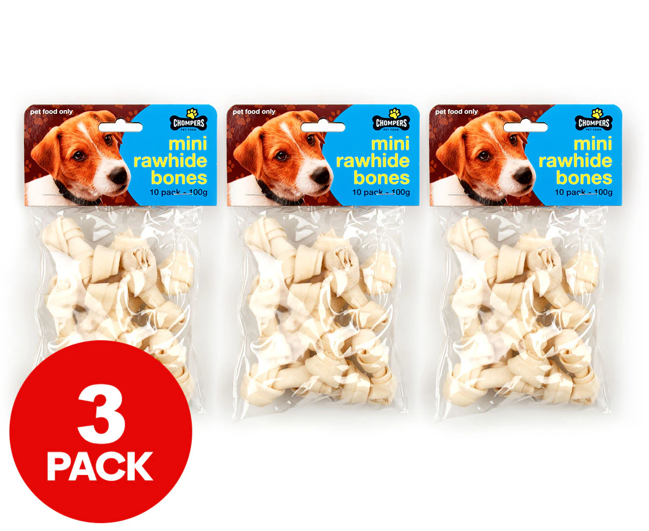 3 x 10pk Chompers Mini Rawhide Bones Beef 100g