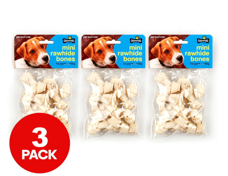 3 x 10pk Chompers Mini Rawhide Bones Beef 100g