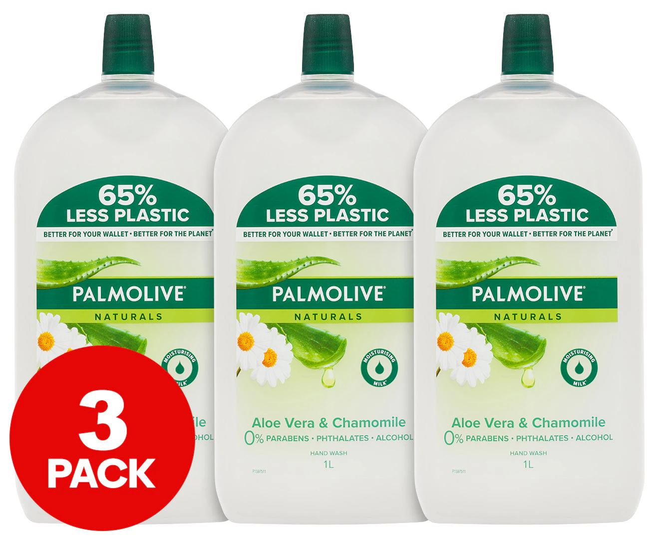 3 x Palmolive Naturals Hand Wash Refill Aloe Vera & Chamomile 1L