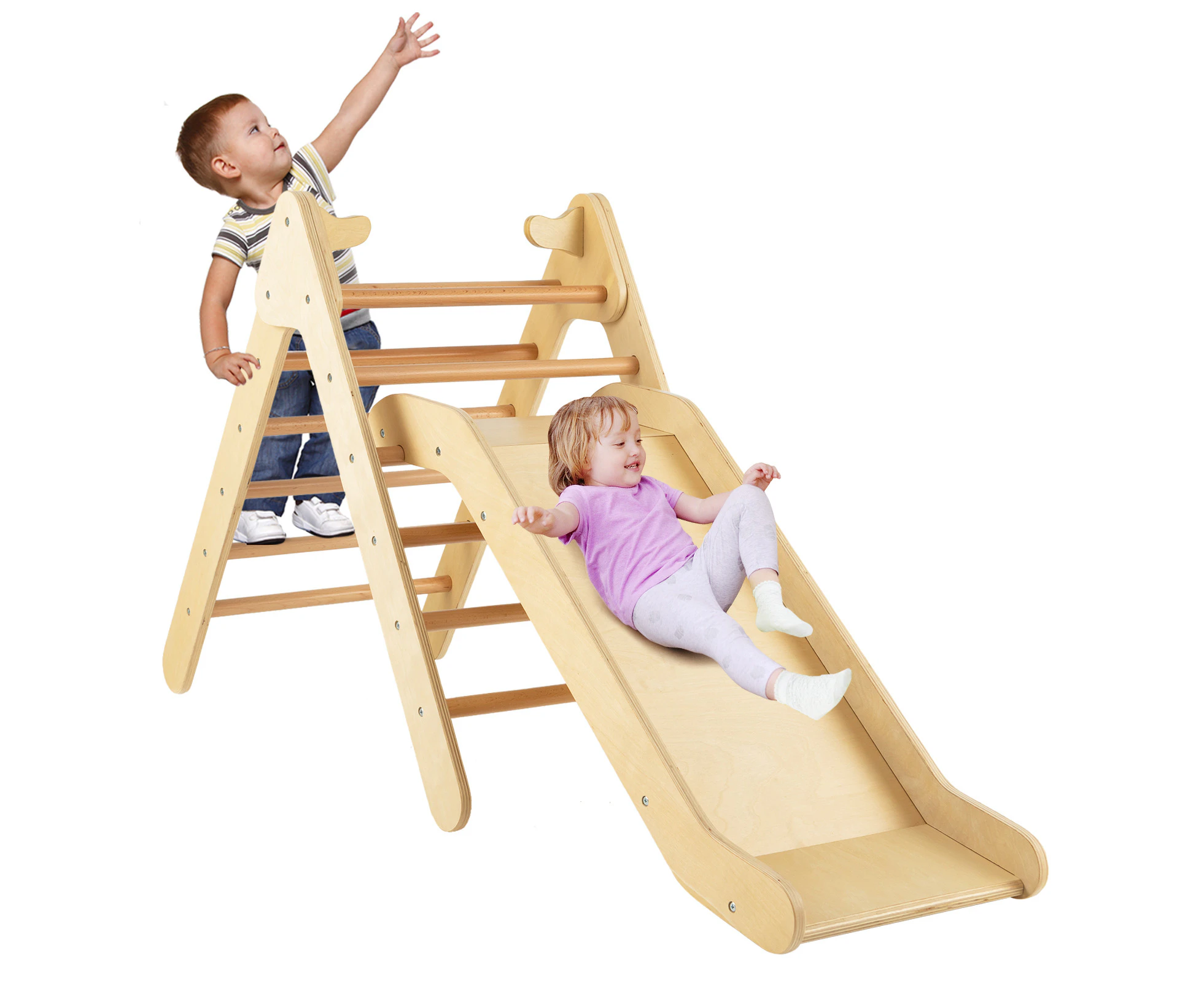 Costway 2in1 Wood Climbing Set Sliding Set Triangle Climbing Ladder w/Ramp Home Daycare Gifts