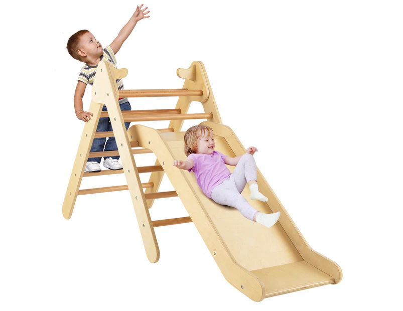 Costway 2in1 Wood Climbing Set Kids Sliding Set Triangle Climbing Ladder w/Ramp Home Daycare Gifts