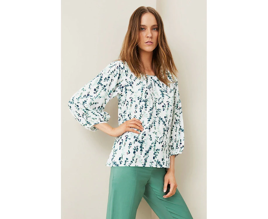 Emerge - Womens Tops -  Gather Neck Top - Leaf Floral