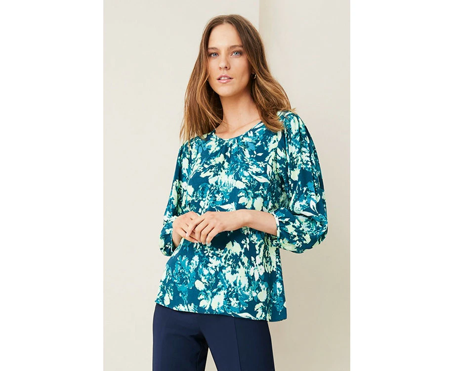 Emerge - Womens Tops -  Gather Neck Top - Navy Floral