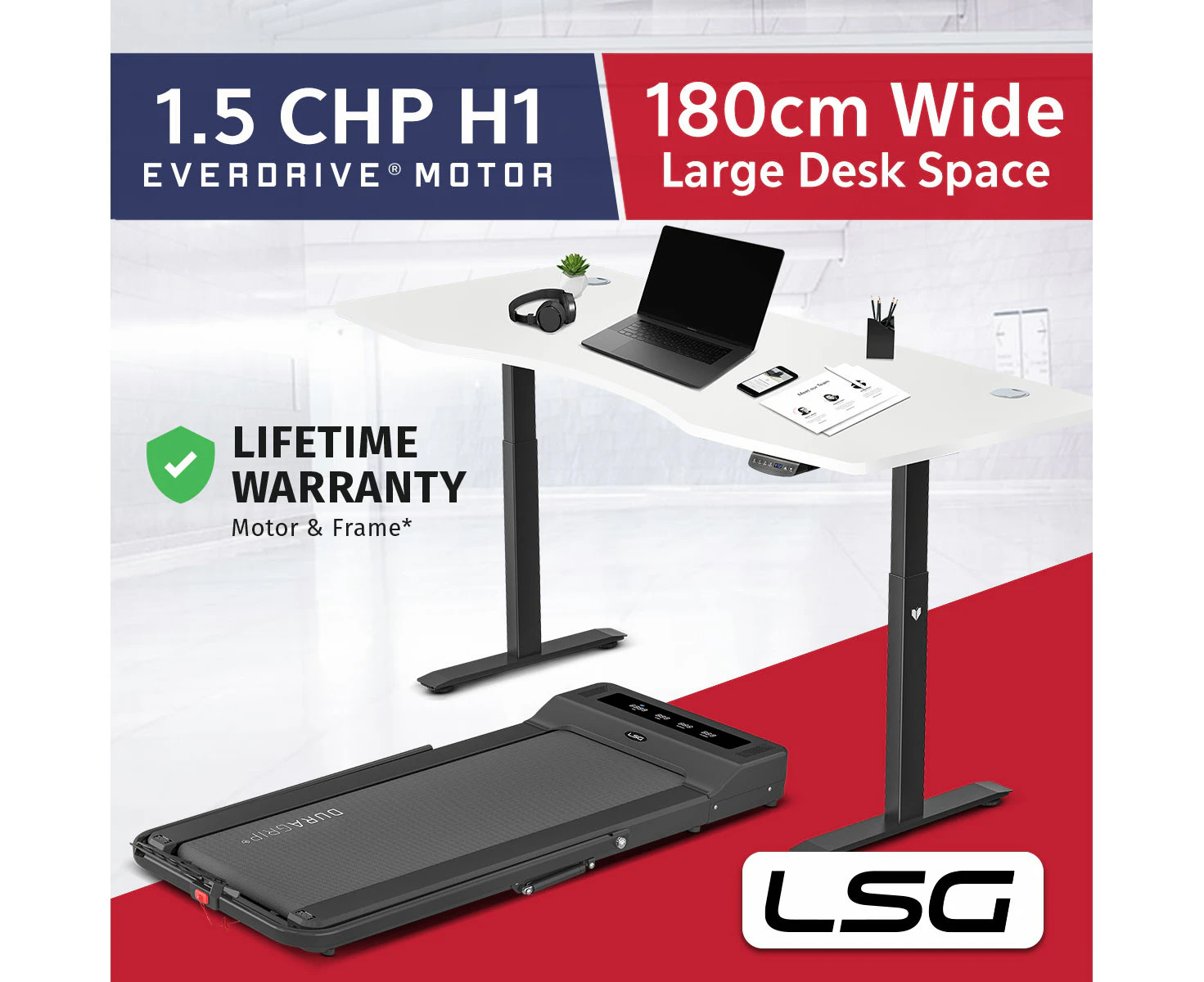 LSG Nimbus Walking Pad Treadmill + ErgoDesk Automatic Standing Desk 1800mm (White)