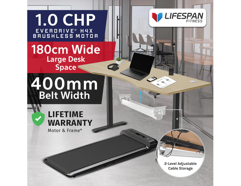 Lifespan Fitness WalkingPad M2 Treadmill with ErgoDesk Automatic Oak Standing Desk 1800mm + Cable Management Tray Run Walk Cardio Home Gym Treadmills