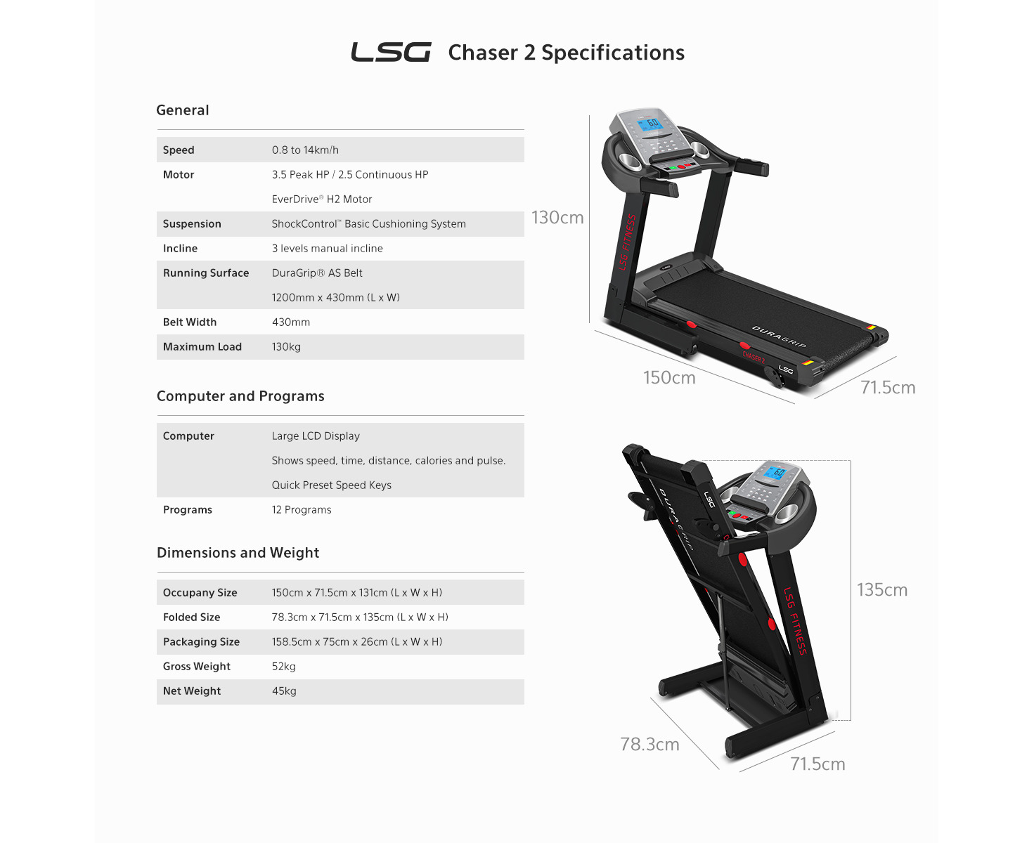 LSG CHASER 2 Treadmill 14km/h 430mm Belt Width Foldable Running