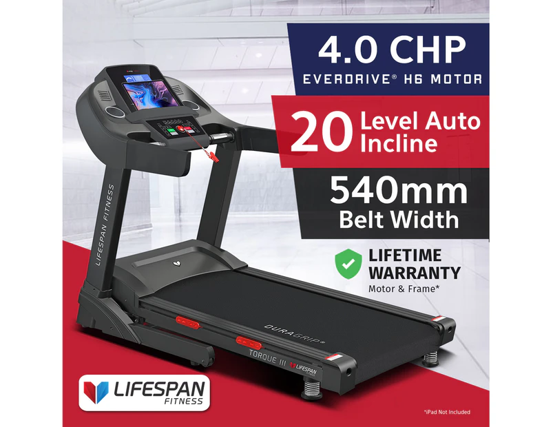 Lifespan Fitness Torque 3 Treadmill Run Walk Cardio Home Gym Treadmills Foldable 20 Levels Automatic Incline