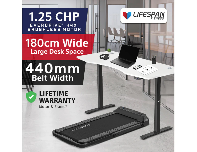 Lifespan Fitness V-FOLD Treadmill with ErgoDesk Automatic Standing Desk 1800mm in White/Black