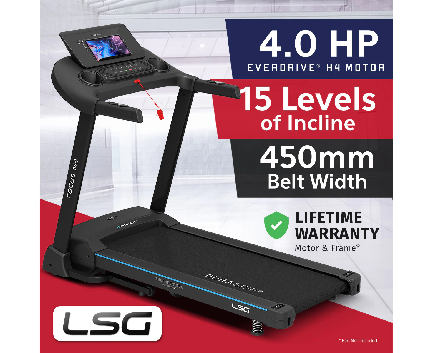 LSG Fitness FOCUS M3 Treadmill Run Walk Cardio Home Gym Treadmills Foldable 15 Levels Automatic Incline