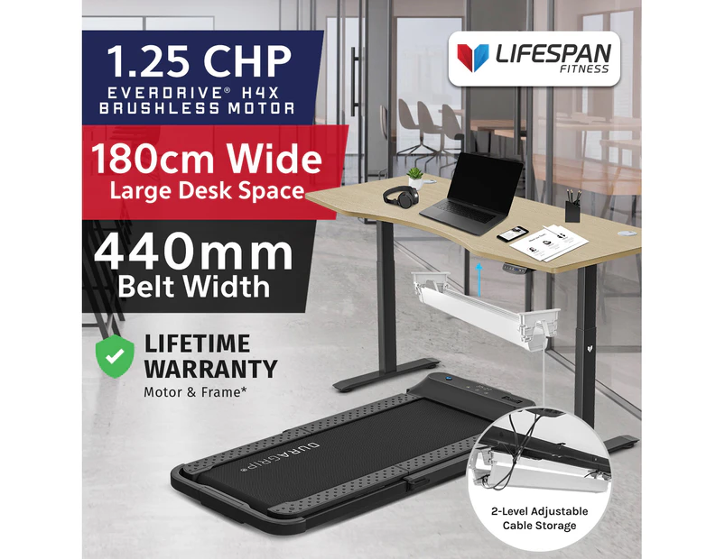 Lifespan Fitness V-FOLD Treadmill with ErgoDesk Automatic Standing Desk 1800mm in Oak/Black with Cable Management