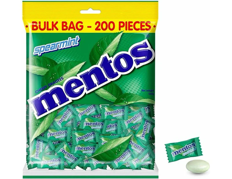 200pc Mentos 540g Single Serve Pillowpack Spearmint Bulk Bag Confectionery