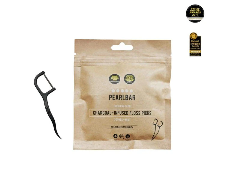 PearlBar Award Winning Biodegradable Vegan Charcoal Infused Floss Picks 30 pk