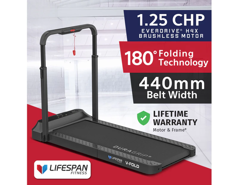 Lifespan Fitness V-FOLD Treadmill with SmartStride 12km/h 440mm Belt Width 180 Folding Technology Walking Exercise Machine Home Gym Fitness Equipment